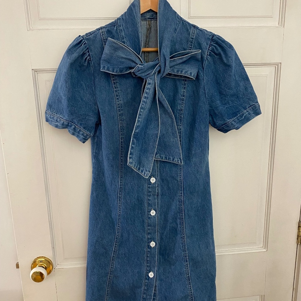 Chic Denim Bow-Tie Dress | Puff Sleeves | Button-Down | Cottagecore/Western